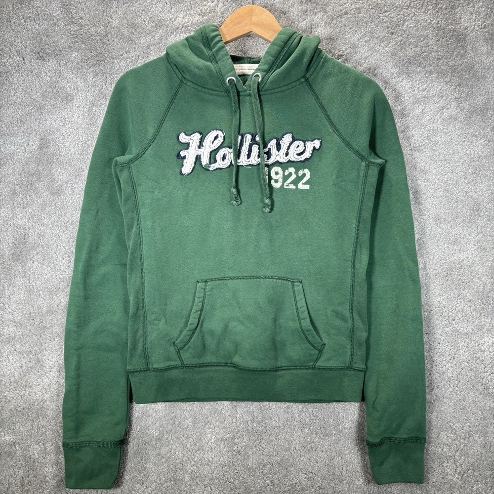 Vintage Hollister Hoodie Sweatshirt Womens M Pullover Green Fleece Applique Y2K